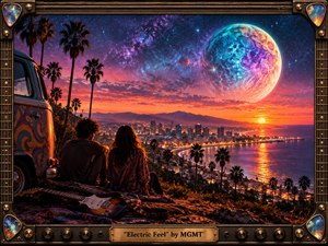 A silhouetted couple overlooks a glowing coastal city beside a psychedelic van and electric guitar as a colossal turquoise, violet, and coral moon fills the starry sky. Warm sunset light meets cool cosmic blues, creating a dreamy, electrified mood. An ornate amplifier-inspired metal frame reinforces the retro psychedelic aesthetic.