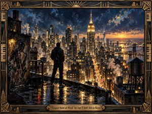 A lone figure stands on a rain-slick rooftop overlooking a luminous New York skyline at dawn. Deep blues, charcoal shadows, and glowing gold lights create an ambitious, cinematic mood. Textured oil-style brushwork, rising steam, bridges, water towers, and an ornate bronze Art Deco frame give the city grandeur, grit, and handcrafted depth.