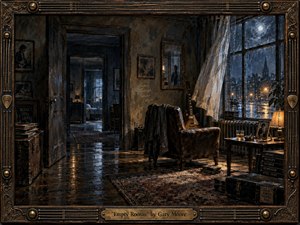 A rain-soaked midnight apartment evokes solitude, memory, and lingering heartbreak, centered on an empty leather chair beside a dark electric guitar. Deep blues, tarnished golds, and warm lamplight contrast with the stormy window, worn rugs, photographs, and shadowed rooms. Painterly textures and an ornate guitar-inspired frame heighten the melancholic, reflective atmosphere.