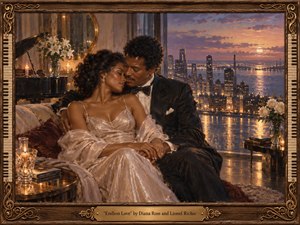 An elegantly dressed couple rests closely together in a candlelit penthouse overlooking a glowing waterfront city at sunset. Warm amber, bronze, cream, and violet tones create a tender, timeless mood. Richly textured romantic realism, reflective glass, piano details, flowers, polished wood, and an ornate musical frame enhance the intimate composition.
