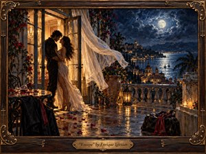 A passionate couple embraces on a moonlit Mediterranean terrace overlooking a glowing coastal town and shimmering bay. Warm golden interior light contrasts with deep blue night skies, while windblown curtains, scattered rose petals, candles, and travel bags suggest urgency and escape. Rich painterly textures and ornate framing create cinematic romance.