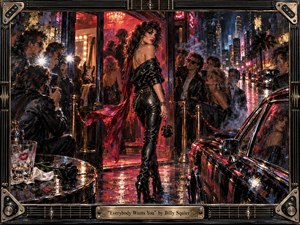 A glamorous woman in black leather steps into a rain-soaked 1980s nightlife scene, surrounded by photographers, admirers, neon reflections, and smoky city lights. Crimson, gold, and electric blue create a charged, seductive mood. Painterly textures, mirrored surfaces, roses, guitars, and an instrument-inspired frame heighten the rock-star atmosphere.