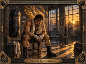 A battered boxer rests in a gritty brick gym at sunrise, surrounded by a heavy bag, worn ring ropes, and scattered training gear. Warm amber light cuts through industrial windows, casting long shadows across the floor. The richly textured, painterly scene conveys exhaustion, determination, resilience, and renewed strength.
