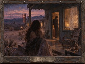 A solitary woman sits outside a weathered desert motel at twilight, watching a shadowed figure inside a warmly lit room. Violet mountains, dusty scrub, a fading crescent moon, and an abandoned car deepen the melancholy. Rich oil-paint textures, muted purples, amber light, and an ornate vintage frame create a haunting, intimate atmosphere.