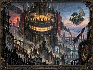 A colossal grinning industrial tower dominates a smoky dystopian city at dusk, glowing with warm nightclub light above crowded shadowed streets. Rusted machinery, elevated trains, chimneys, and distant neon contrast with a serene floating island and sailboat. The richly textured painterly scene blends steampunk decay, satire, menace, and escapist beauty.