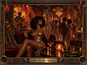 A glamorous woman in a shimmering gold dress lounges on deep red velvet inside a smoky 1970s funk club, surrounded by musicians, dancers, chandeliers, and glowing amber reflections. Rich bronze, crimson, and black tones create a sensual, heated mood, framed by ornate speaker-inspired metalwork and a polished engraved title plate.