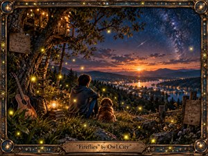 A solitary figure and loyal dog sit on a grassy hillside overlooking a glowing lakeside city at twilight. Fireflies drift through wildflowers beneath a star-filled sky and Milky Way, while a treehouse, guitar, lantern, and rustic signs add nostalgic warmth. Rich blues, amber light, and ornate framing create a dreamy cinematic mood.