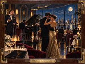 A glamorous mid-century jazz lounge glows beneath a full moon as an elegant couple dances beside a pianist and tuxedoed singer. Deep burgundy, midnight blue, polished black, and warm gold create a romantic atmosphere. Rich oil-painted textures, reflective floors, city lights, champagne, smoke, and Art Deco framing evoke timeless sophistication.