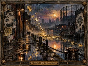 A rain-darkened industrial canal glows beneath a smoky twilight sky, where drifting gold fragments shimmer across water and wet cobblestones. Two distant figures walk through mist beside moored boats, rusted railings, and looming gasworks. Deep blues, charcoal, bronze, and amber create a hypnotic, mysterious mood in richly textured mixed-media style.