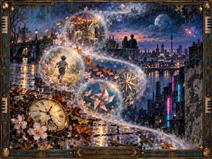 A dreamlike cityscape unfolds beneath a deep blue star-filled sky, where glowing memory bubbles drift along a sweeping path through time. A child, carousel, young couple, cracked pocket watch, blossoms, autumn leaves, and neon-lit buildings blend nostalgia with uncertainty. Warm gold light contrasts cool twilight blues in richly detailed painterly realism.