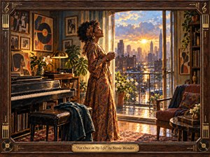 A poised woman stands beside a piano in a richly furnished city apartment, gazing toward a radiant sunrise beyond open balcony doors. Warm gold, amber, teal, and rust tones create hopeful intimacy. Painterly textures, vintage photographs, records, plants, reflective floors, and a carved musical frame evoke soulful renewal, gratitude, and romantic optimism.
