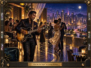 A stylish guitarist performs in an elegant rooftop lounge as couples dance beneath a glowing moonlit skyline. Rich gold, midnight blue, violet, and black tones create a sophisticated nocturnal mood, with polished floors reflecting warm lantern light. Art Deco details, tropical plants, city lights, and an ornate musical frame enhance the luxurious atmosphere.