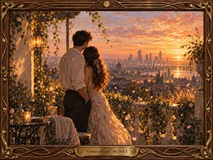 A couple embraces on a flower-draped terrace overlooking a glowing city at sunset, surrounded by lanterns, climbing vines, and drifting petals. Warm amber, peach, and gold light creates a romantic, dreamlike mood. Rich painterly textures, elegant architecture, reflective water, and an ornate bronze-and-wood frame enhance the handcrafted atmosphere.