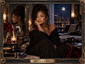 A contemplative woman sits in a richly appointed bedroom overlooking a moonlit city, surrounded by roses, photographs, vinyl records, and warm candlelight. Deep blacks, burgundy reds, bronze, and midnight blues create an intimate, nostalgic mood. Reflective surfaces, ornate musical framing, and layered lighting give the handcrafted scene elegant cinematic depth and emotional resonance.
