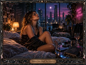 A tousled woman sits on a rumpled bed in a shadowy apartment overlooking a neon city at night. Warm amber lamplight contrasts with cool blue and magenta window glow, creating a restless, intimate mood. Photographs, records, plants, reflective objects, handwritten notes, and an ornate dark frame enrich the cinematic digital painting.