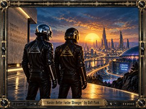 Two helmeted futuristic figures overlook a radiant metropolis at sunset, surrounded by glowing highways, towering spires, and reflective architecture. Warm golds contrast with deep blues and black leather, creating an energetic, optimistic mood. Cinematic lighting, polished metallic textures, retro-futurist styling, waveform details, and an elaborate mechanical frame reinforce the electronic atmosphere.