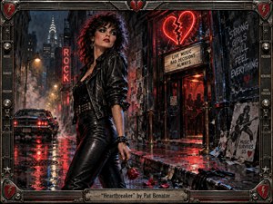 A defiant woman in black leather stands on a rain-soaked city street outside a glowing rock club, framed by red neon, torn posters, and reflected streetlights. Moody blues, blacks, and fiery reds create a tense nocturnal atmosphere, while gritty painterly textures, a broken-heart sign, rose, and industrial frame amplify the rebellious romantic energy.