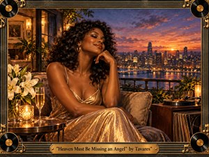 A glamorous woman in a shimmering gold gown relaxes on a candlelit balcony overlooking a glowing city at sunset. Warm amber, violet, and rose tones create a romantic, luxurious mood. Vinyl records, flowers, champagne, and ornate musical framing enhance the richly detailed retro-soul style, finished with a polished brass title plate.