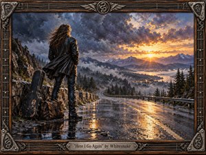A lone leather-clad traveler stands beside a weathered guitar case and duffel on a rain-slick mountain road, facing a fiery sunrise over misty forests and distant peaks. Dramatic blue-gray clouds contrast with warm gold light, while reflective pavement and a rugged metal-and-wood musical frame create a cinematic, resolute rock atmosphere.