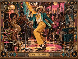 A jubilant singer dances at the center of a glamorous retro nightclub, surrounded by stylish partygoers, mirrored lights, records, speakers, and confetti. Rich teal, gold, pink, and amber tones glow beneath warm theatrical lighting. The handcrafted mixed-media style blends vintage soul, disco energy, polished textures, and exuberant movement.