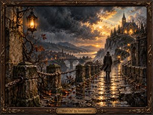 A solitary figure walks along a rain-slicked stone path toward a glowing hilltop church beneath turbulent storm clouds. Warm lanterns and sunset light reflect across wet cobblestones, contrasting with cool gray mountains and misty valleys. Richly textured, painterly details, autumn leaves, carved masonry, and an ornate bronze frame create a solemn, hopeful atmosphere.