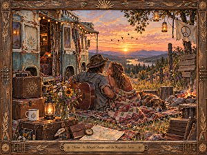 A bohemian couple rests beside a weathered camper overlooking a glowing mountain sunset, surrounded by wildflowers, lanterns, luggage, a guitar, and a sleeping dog. Warm amber light and dusty rose skies create an intimate, free-spirited mood, while richly textured painterly details and a carved wooden frame evoke handcrafted nostalgia.