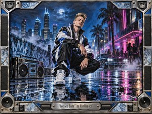 A confident young performer crouches on a rain-slicked city street beside a vintage boombox, surrounded by neon reflections, palm trees, and glowing skyscrapers. Cool blues, icy silvers, and vivid magentas create a bold nocturnal mood. Metallic framing, crystal-like accents, speakers, and polished streetwear evoke energetic 1990s hip-hop style.