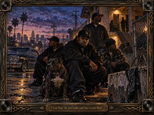 A tense group gathers outside a weathered urban apartment at twilight, framed by palm trees, power lines, a lowrider, and distant city lights. Deep blues and amber streetlight create a watchful, defiant mood. Painterly textures, wet pavement reflections, heavy shadows, and the imposing dog reinforce loyalty, vigilance, and street-level solidarity.