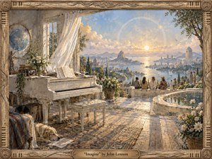 A sunlit Mediterranean terrace opens onto a peaceful coastal city, where a white piano, flowers, resting dog, and gathered figures create a mood of quiet hope. Warm gold, cream, and blue tones glow beneath soft evening light, while textured painterly details, distant water, and symbolic peace motifs suggest unity and reflection.