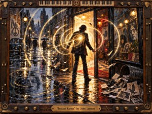 A lone figure stands on a rain-slicked city street, caught within spiraling rings of golden light radiating from a glowing doorway. Dark blues, black pavement, and warm amber reflections create dramatic contrast. Expressive painterly textures, scattered photographs, vintage cars, umbrellas, and musical details evoke urgency, consequence, memory, and transformation.