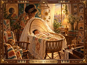 A warmly lit nursery glows with golden sunset as a loving mother leans over a sleeping baby in a woven cradle. Rich wood, crocheted blankets, family photographs, plants, toys, and a record player create a tender 1970s atmosphere. The handcrafted frame, piano details, and bronze accents enhance the joyful, intimate mood.