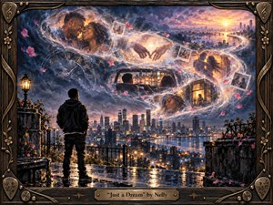A solitary man overlooks a rain-soaked city as glowing memories spiral above him in a luminous S-curve. Romantic figures, fading photographs, clocks, and distant skylines emerge through blue-violet clouds and warm amber light. The richly textured, painterly scene feels wistful and dreamlike, framed by dark carved wood, bronze details, and musical motifs.