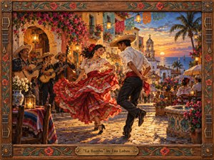 A joyful couple dances through a sunlit coastal village as musicians play beside flower-covered stucco buildings. Warm gold, coral, red, and turquoise tones glow beneath a dramatic sunset, creating festive energy and romantic warmth. Rich painterly textures, flowing fabric, carved wood framing, lanterns, and floral details give the scene handcrafted vibrancy.