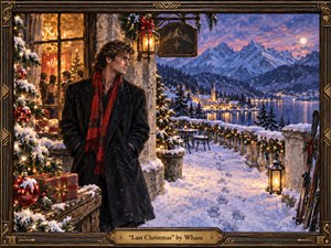 A solitary man in a dark winter coat stands outside a warmly glowing alpine lodge, gazing across a snow-covered village and moonlit mountains. Festive lights, ornaments, gifts, and lanterns contrast with his reflective isolation. Rich blues, golds, and reds create a nostalgic, bittersweet mood in a detailed painterly style.