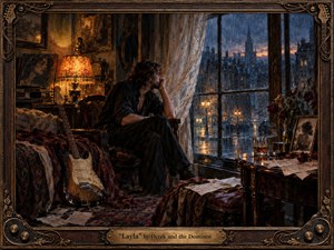 A solitary musician sits beside a rain-streaked window in a richly furnished room, surrounded by a weathered guitar, scattered letters, wilted roses, and shadowed portraits. Warm amber lamplight contrasts with the cold blue city outside, creating a brooding, romantic mood in a textured, painterly composition framed with ornate musical metalwork.