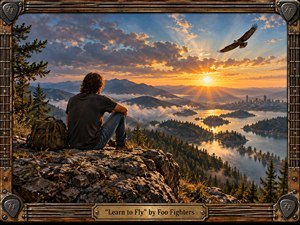 A lone traveler sits on a rugged cliff overlooking misty mountains, forested islands, and a distant city beneath a radiant sunset. An eagle glides through glowing clouds, reinforcing a mood of freedom and possibility. Warm golds and cool blues dominate the detailed digital painting, framed with rustic guitar strings, wood, metal, and engraved accents.