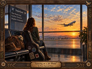 A solitary traveler sits beside a worn guitar case and leather bags in a quiet airport terminal, watching a jet rise into a glowing sunset. Warm golds and cool blues create a bittersweet, reflective mood. Painterly textures, wet runway reflections, daisies, travel stickers, carved wood, and brass framing enrich the nostalgic scene.