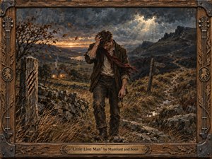 A weary young man walks a rugged moorland path beneath turbulent storm clouds, clutching a lion medallion as wind whips his scarf and autumn leaves. Warm sunset light breaks through the gloom, illuminating distant cottages. Rich, textured oil-painting detail, earthy browns, slate blues, carved wood, and metal framing deepen the somber, reflective mood.