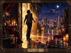 A solitary man stands at a glowing doorway above a moonlit tropical city, caught between intimate darkness and radiant possibility. Golden candlelight, crimson velvet, scattered rose petals, glossy reflections, and deep blue skies create a sensual, yearning mood. Rich painterly detail and an ornate musical frame heighten the theatrical romance.