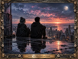 Two solitary figures sit on a rain-slick rooftop overlooking a glowing city at twilight, creating a mood of quiet isolation and fragile hope. Deep blues, charcoal shadows, warm orange light, and reflective puddles shape the cinematic digital painting. An ornate, weathered floral-metal frame and engraved title plate complete the melancholic composition.