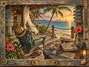 A weathered tropical veranda overlooks a glowing turquoise sea at sunset, framed by palms, hibiscus, sailboats, and distant mountains. A worn Adirondack chair, straw hat, margarita glass, sandals, compass, and travel journal create a relaxed, reflective mood. Warm golden light and richly textured, hand-painted details evoke nostalgic island escapism.