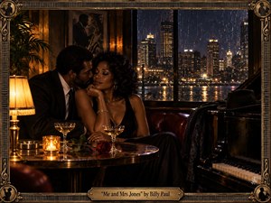 A stylish couple shares an intimate moment in a dim vintage jazz lounge, surrounded by warm amber lamps, deep burgundy leather, champagne glasses, and a red rose. Rain-streaked windows reveal a glowing nighttime skyline, while piano and saxophone details reinforce the soulful 1970s atmosphere of secrecy, romance, and restrained tension.