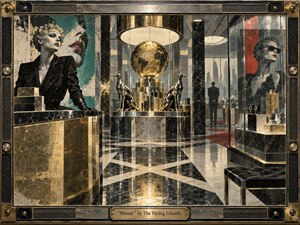 A sleek, surreal luxury showroom gleams with black marble, aged gold, glass, and mirrored reflections. Elegant figures flank a central tower of coins beneath a suspended golden globe, creating a cool, detached mood of wealth and desire. Dramatic lighting, geometric floors, metallic textures, and vintage collage styling evoke sophisticated 1980s decadence.
