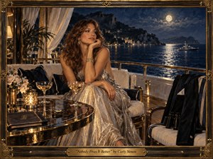 An elegant woman in a shimmering silver gown sits aboard a luxurious moonlit yacht, gazing thoughtfully across dark blue water toward glowing coastal cliffs. Warm golden lamps, polished brass, champagne glasses, and rich fabrics contrast with the cool night sea, creating a romantic, sophisticated atmosphere rendered in richly textured painterly realism.