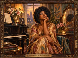 A serene woman sits beside a grand piano in a warmly furnished vintage room, gazing upward with quiet confidence. Golden sunset light filters through the window, illuminating rich amber, rose, teal, and bronze tones. Painterly textures, flowers, books, reflections, and an ornate musical frame create a soulful, intimate atmosphere.