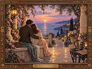A devoted couple embraces on a flower-covered Mediterranean terrace overlooking a glowing sunset sea. Warm lantern light, rose and lavender skies, distant sailboats, and hillside lights create a tender, timeless mood. Rich painterly textures, carved wood framing, climbing blossoms, and vintage details give the romantic scene handcrafted elegance and nostalgic warmth.