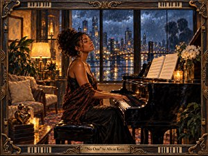 A poised woman plays a glossy grand piano in a warmly lit apartment overlooking a rain-soaked city at night. Amber lamps and candles contrast with cool blue windows, creating an intimate, reflective mood. Rich oil-paint textures, elegant furnishings, flowers, distant bridge lights, and a piano-inspired decorative frame complete the romantic composition.