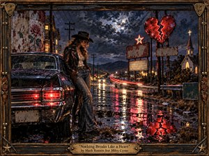 A solitary woman in a black cowboy hat leans against a rain-soaked vintage car beside a glowing roadside church. Broken-heart neon signs burn red against stormy blue skies, reflecting across wet pavement and passing headlights. Rich painterly textures, worn Americana details, dramatic lighting, and a weathered metal frame create a melancholic, cinematic atmosphere.