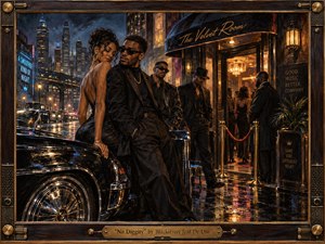 A rain-slicked city night frames a stylish couple beside a gleaming black luxury car outside an upscale club. Warm amber lights contrast with deep blues and glossy reflections, creating a confident, seductive mood. Rich painterly textures, tailored clothing, brass details, and the dark wood frame evoke polished 1990s sophistication.