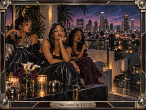 Three poised women lounge on a luxurious rooftop terrace above a glowing city skyline at dusk, radiating confidence, independence, and cool dismissal. Rich blacks, burgundy, gold, and violet dominate the scene, illuminated by candlelight and urban reflections. Textured painterly surfaces, polished metal framing, flowers, glassware, and distant nightlife create sophisticated late-1990s atmosphere.